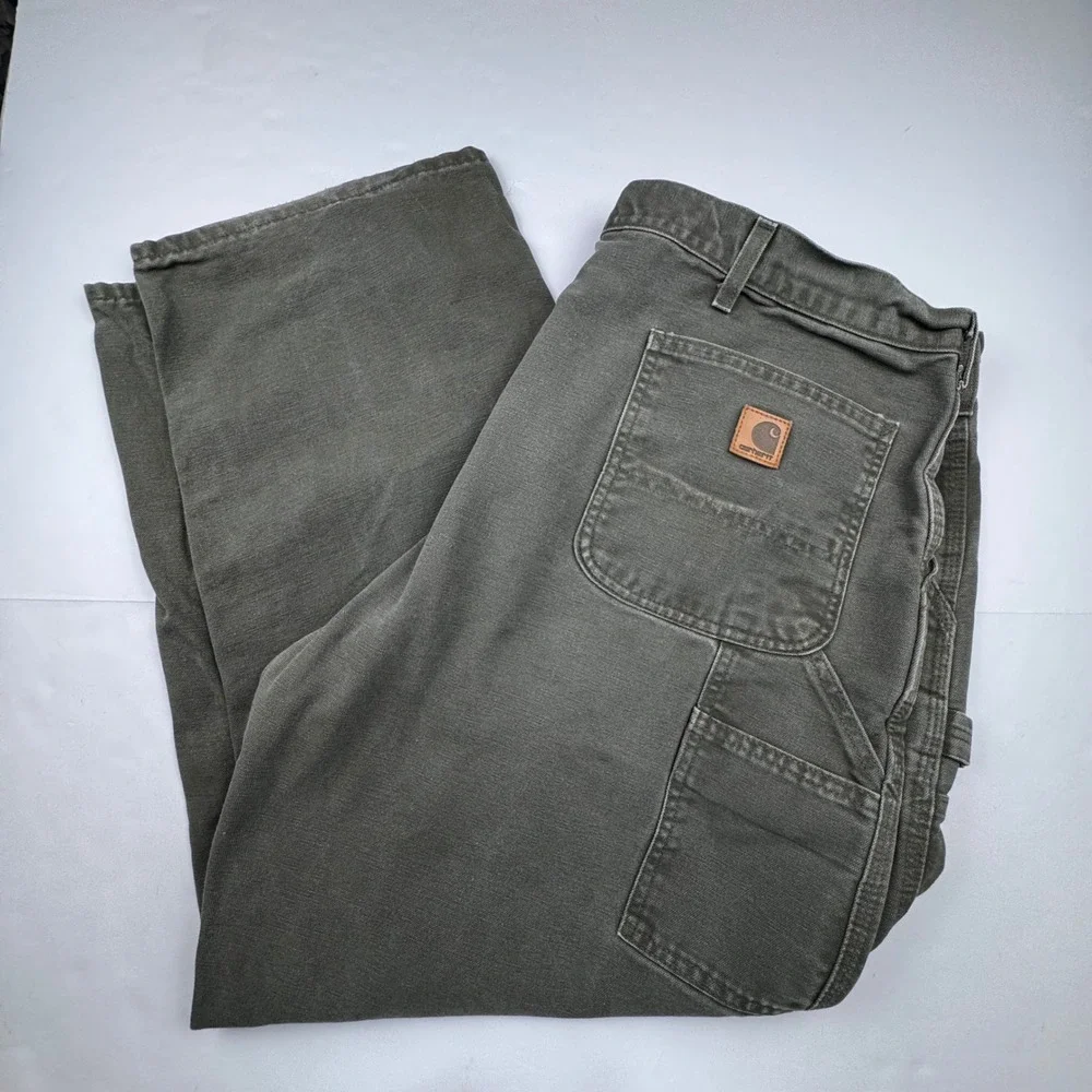 Carhartt Carpenter Pants 42x30 Cotton Canvas Workwear Durable Faded Olive Green
